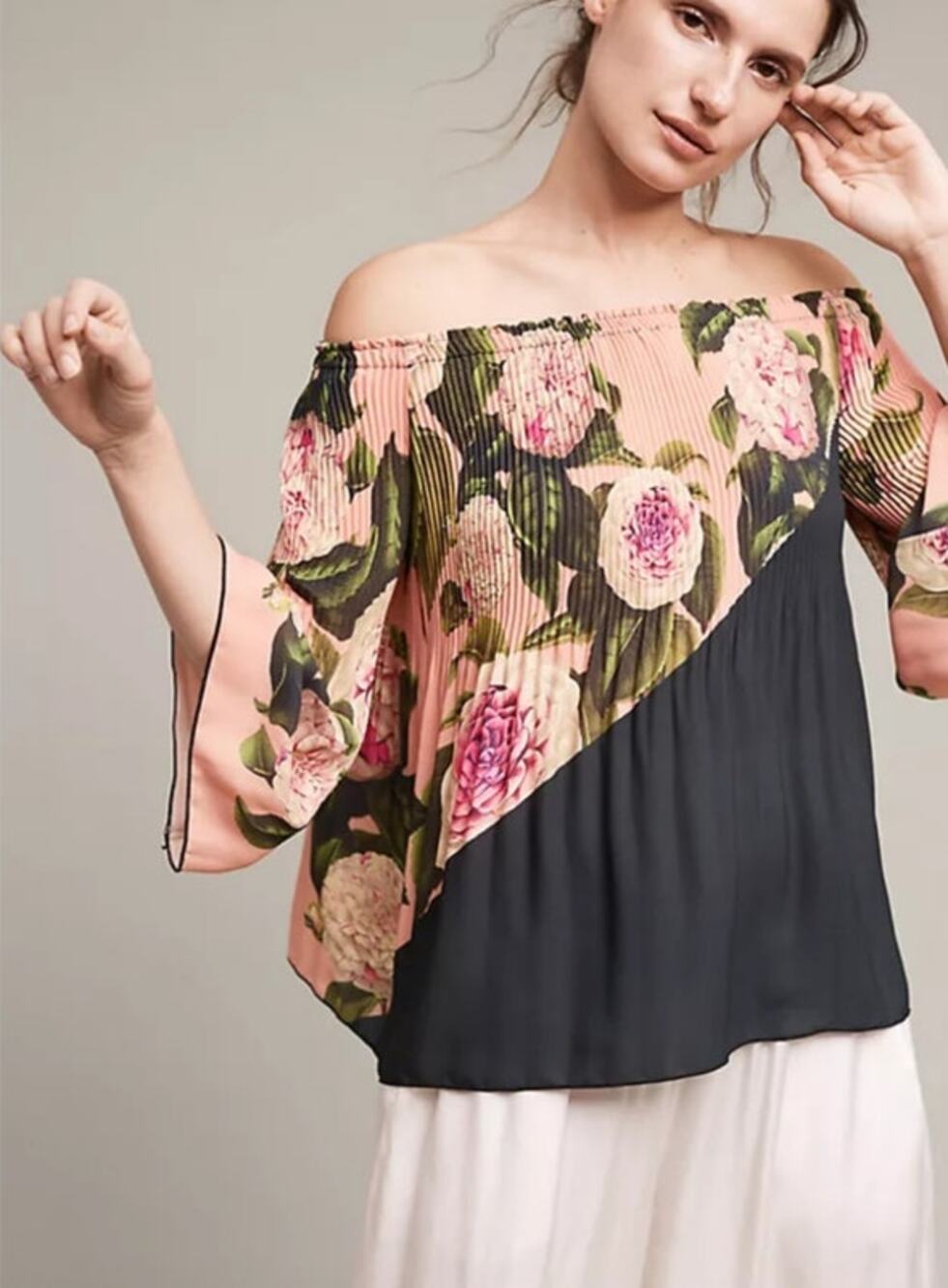 Delfi Anthropologie Womens Epicurie Pleated Off The Shoulder Top L Black Floral